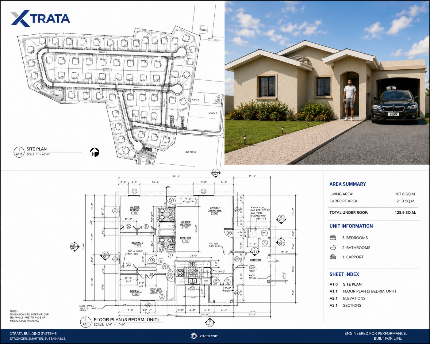 Xtrata 3-bedroom unit — site plan, floor plan and completed home